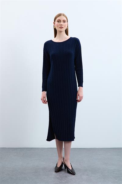 Платье из органического хлопка с разрезами и деталью на спине ELB10582LACİVERT