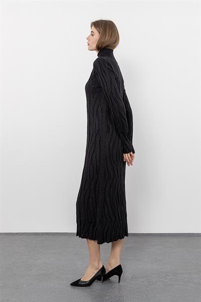 Платье с высоким воротником из смеси органического хлопка и шерсти с металлическими нитями ELB9920SİYAH