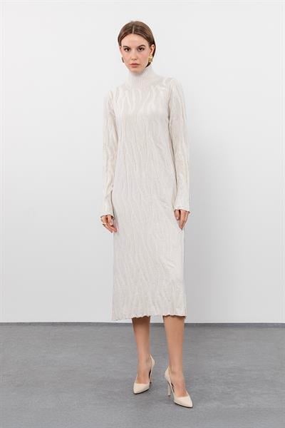 Платье с высоким воротником из смеси органического хлопка и шерсти с металлическими нитями ELB9920KEMİK