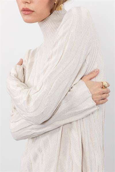 Платье с высоким воротником из смеси органического хлопка и шерсти с металлическими нитями ELB9920KEMİK