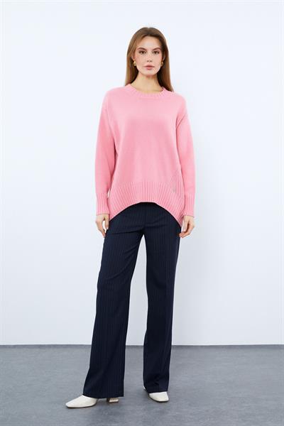 Свитер С Вязаным Узором И Круглым Воротником Из Смеси Органического Хлопка И Шерсти KZK10064 PEMBE 