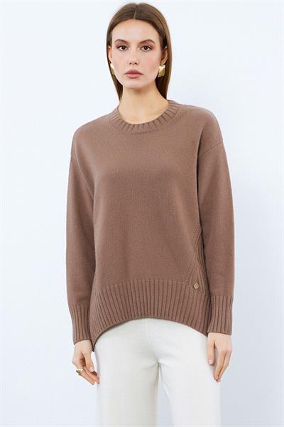 Свитер С Вязаным Узором И Круглым Воротником Из Смеси Органического Хлопка И Шерсти KZK10064 VİZON