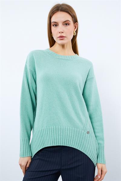 Свитер С Вязаным Узором И Круглым Воротником Из Смеси Органического Хлопка И Шерсти KZK10064 MİNT YEŞİLİ