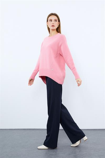 Свитер С Вязаным Узором И Круглым Воротником Из Смеси Органического Хлопка И Шерсти KZK10064 PEMBE 