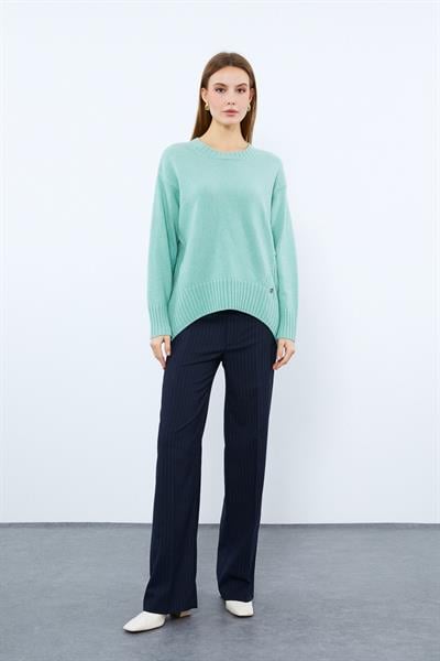 Свитер С Вязаным Узором И Круглым Воротником Из Смеси Органического Хлопка И Шерсти KZK10064 MİNT YEŞİLİ