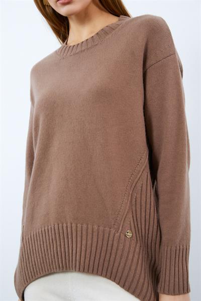 Свитер С Вязаным Узором И Круглым Воротником Из Смеси Органического Хлопка И Шерсти KZK10064 VİZON