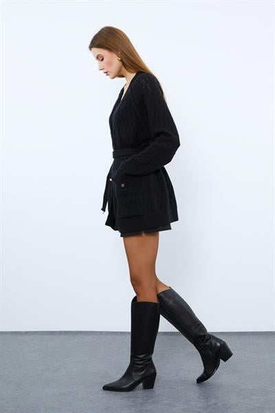 Кардиган с карманами из органической шерсти и органического хлопка HRK9210SİYAH