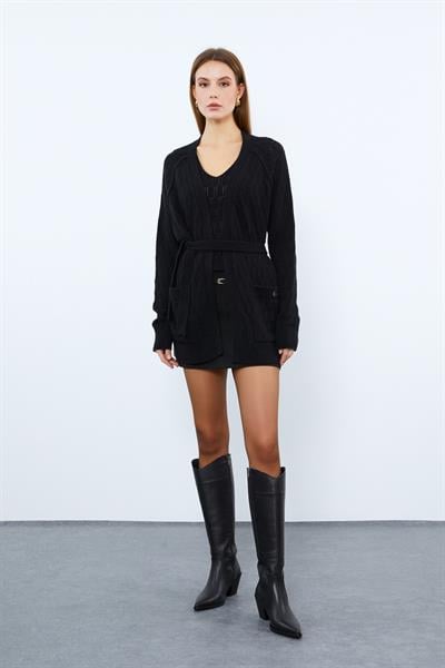 Кардиган с карманами из органической шерсти и органического хлопка HRK9210SİYAH