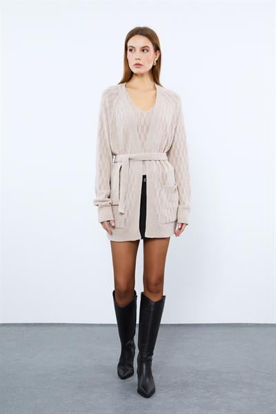 Кардиган с карманами из органической шерсти и органического хлопка HRK9210AÇIKBEJ