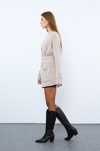 Кардиган с карманами из органической шерсти и органического хлопка HRK9210AÇIKBEJ