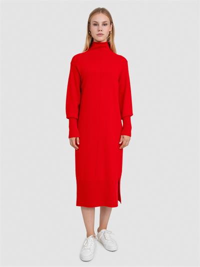 Платье со средним воротником из смесовой органической шерсти и шерсти ELB7092KIRMIZI