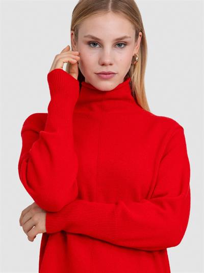 Платье со средним воротником из смесовой органической шерсти и шерсти ELB7092KIRMIZI