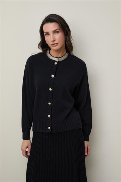 Кардиган из органической шерсти и хлопковой смеси с воротниковой деталью HRK12938SİYAH