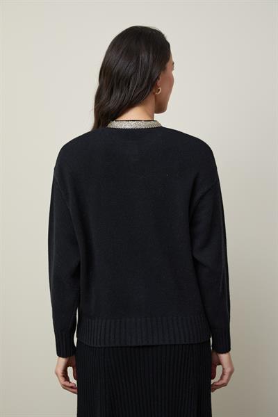 Кардиган из органической шерсти и хлопковой смеси с воротниковой деталью HRK12938SİYAH