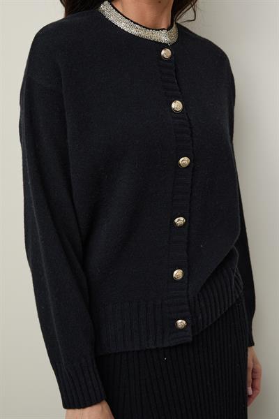 Кардиган из органической шерсти и хлопковой смеси с воротниковой деталью HRK12938SİYAH