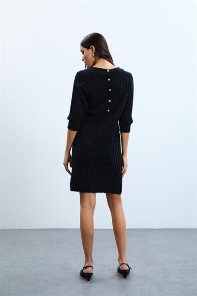 Платье С Пайетками И Вязаным Узором С Отделкой Пуговицами ELB10734 SİYAH