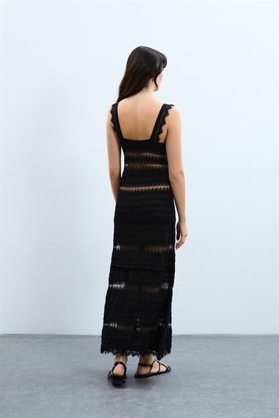 Платье-струйка металлик с трикотажным узором ELB9676SİYAH