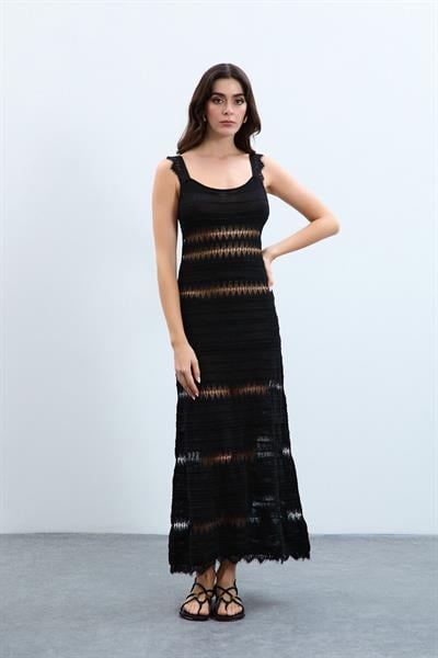 Платье-струйка металлик с трикотажным узором ELB9676SİYAH