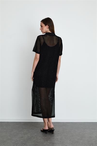 Polo Neck Open-Knit Sequin-Detail Midi Dress ELB14166SİYAH