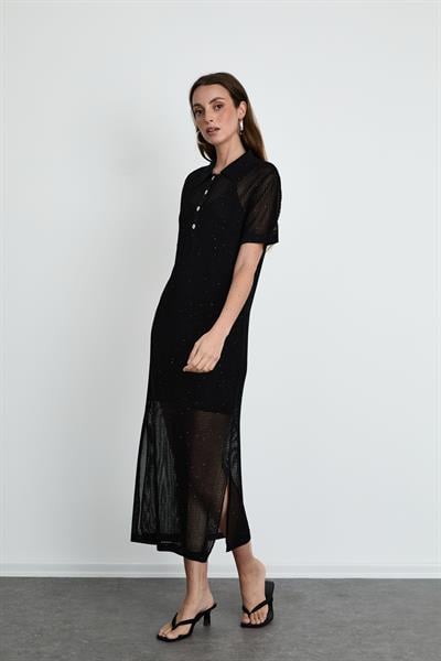 Polo Neck Open-Knit Sequin-Detail Midi Dress ELB14166SİYAH