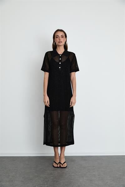 Polo Neck Open-Knit Sequin-Detail Midi Dress ELB14166SİYAH