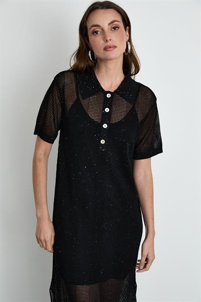 Polo Neck Open-Knit Sequin-Detail Midi Dress ELB14166SİYAH