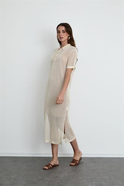 Polo Neck Open-Knit Sequin-Detail Midi Dress ELB14166KEMİK