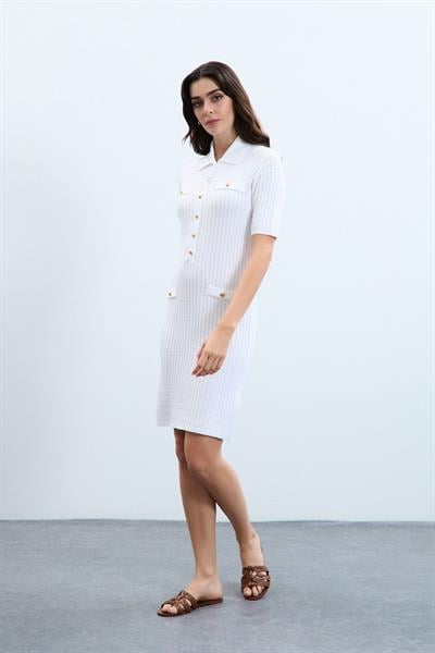 Платье с воротником-поло и пуговицами ELB9144BEYAZ
