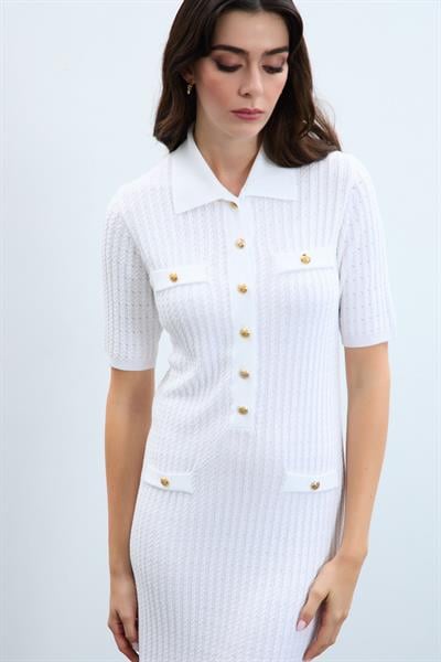 Платье с воротником-поло и пуговицами ELB9144BEYAZ