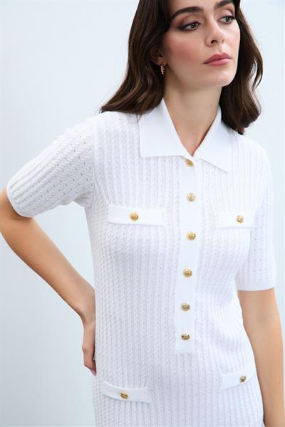 Платье с воротником-поло и пуговицами ELB9144BEYAZ