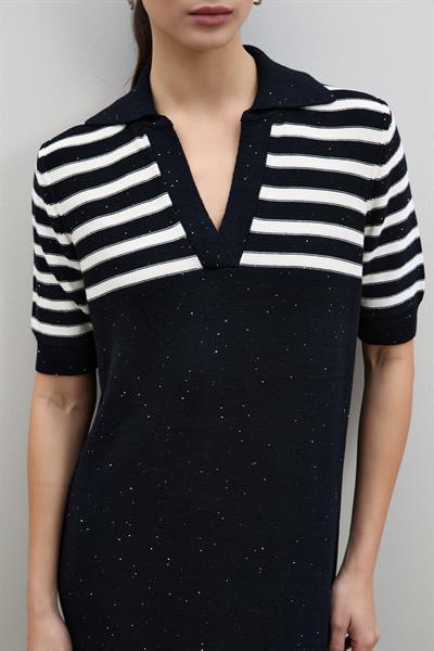 Миди-платье в полоску с воротником-поло и микро-пайетками