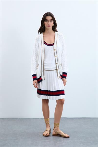 Кардиган на пуговицах с цветным градиентом и металлизированной веревкой HRK9646BEYAZ