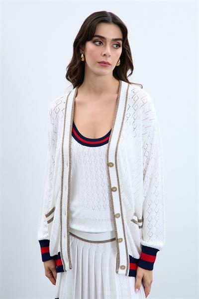 Кардиган на пуговицах с цветным градиентом и металлизированной веревкой HRK9646BEYAZ