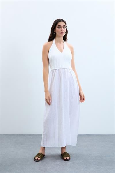 Льняное платье с деталью сзади ELB10550BEYAZ