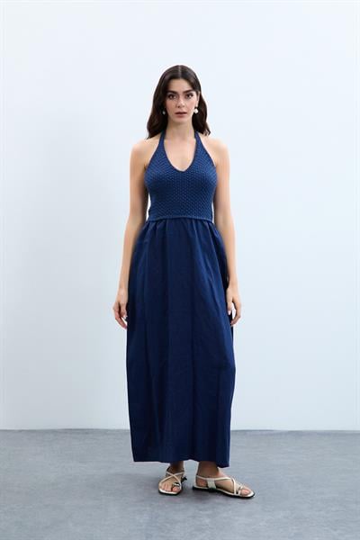 Льняное платье с деталью сзади ELB10550LACİVERT