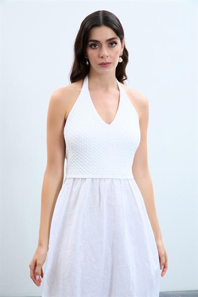 Льняное платье с деталью сзади ELB10550BEYAZ