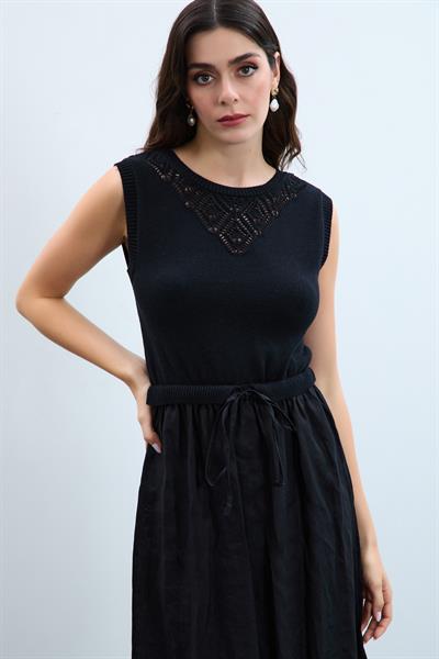 Льняное платье с разрезом сзади ELB10498SİYAH