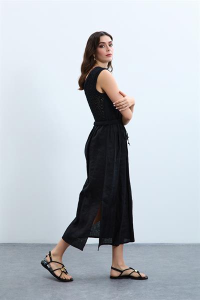 Льняное платье с разрезом сзади ELB10498SİYAH
