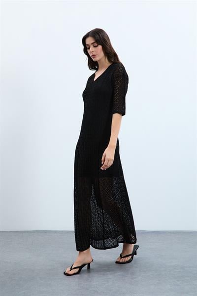 Платье с V-образным вырезом и металлизированной веревкой ELB9520SİYAH