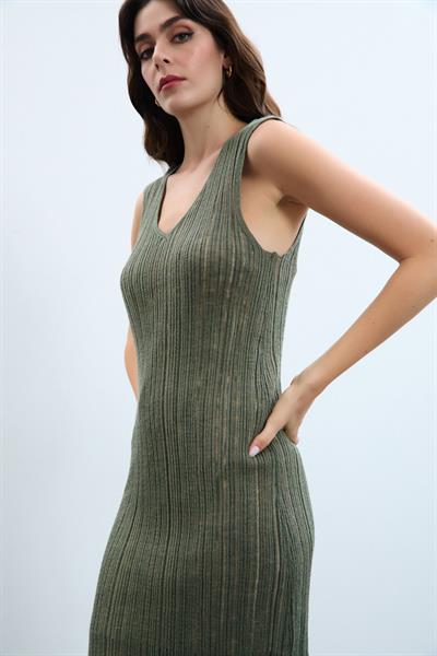 Трикотажное платье с V-образным вырезом ELB8092HAKİ