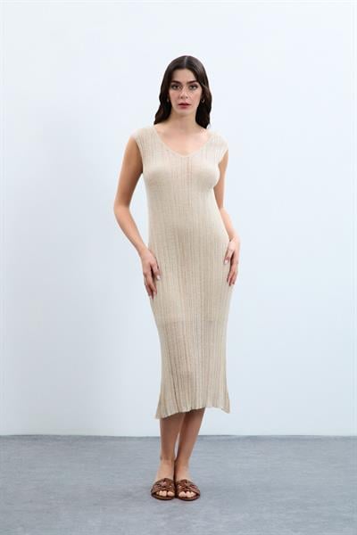 Трикотажное платье с V-образным вырезом ELB8092KEMİK