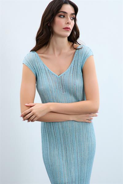 Трикотажное платье с V-образным вырезом ELB8092MİNT