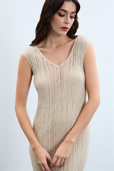 Трикотажное платье с V-образным вырезом ELB8092KEMİK