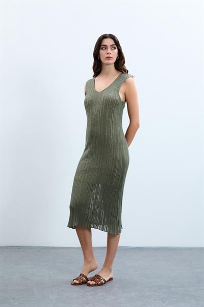 Трикотажное платье с V-образным вырезом ELB8092HAKİ