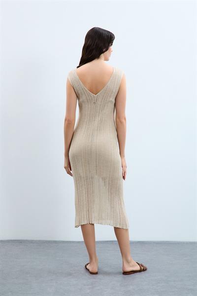 Трикотажное платье с V-образным вырезом ELB8092KEMİK