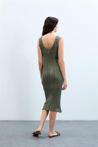 Трикотажное платье с V-образным вырезом ELB8092HAKİ