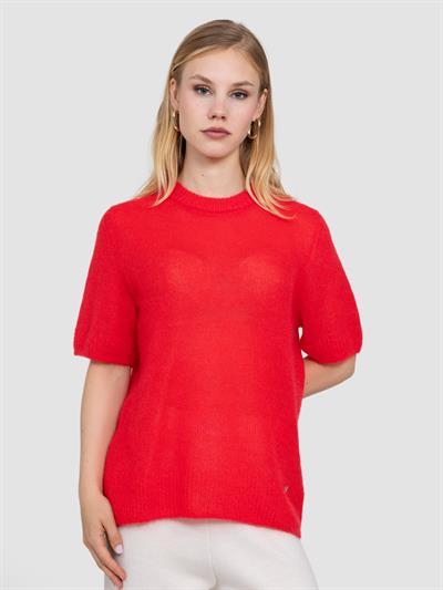 Полупрозрачный свитер с вырезом с надписью KZK8524KIRMIZI