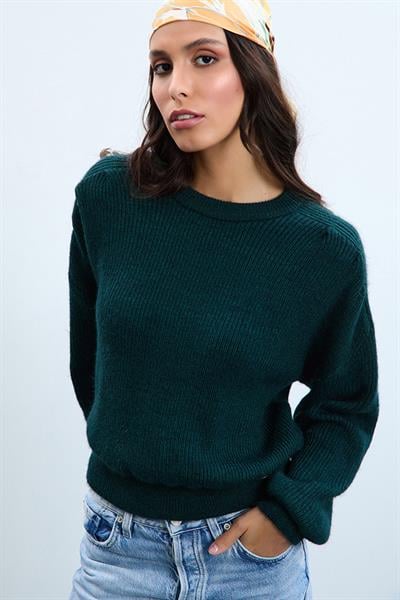 Свитер с круглым вырезом и плечевыми деталями из шерстяной смеси KZK10538HAKİ