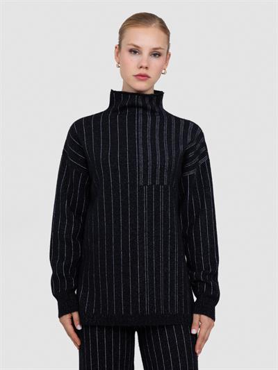 Свитер с капюшоном из смесовой шерсти и контрастными полами TNK8346SIYAH