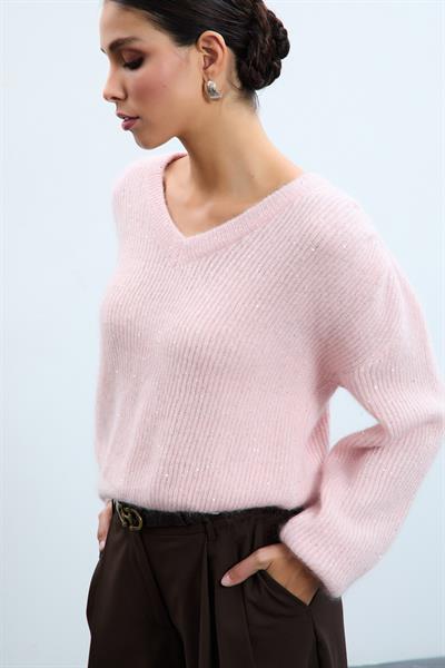 Свитер из смеси мохера и шерсти с драпировкой и пайетками на плечах KZK10388PUDRA